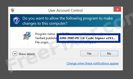 Screenshot where AMD PMP-PE CB Code Signer v20180327 appears as the verified publisher in the UAC dialog